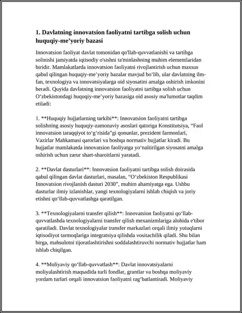 INNOVASION FAOLIYATNI DAVLAT TOMONIDAN TARTIBGA SOLISHNING XUSUSIYATLARI VA INNOVASION FAOLIYATNI RIVOJLANTIRISHNING ASOSIY YO‘NALISHLARI 4