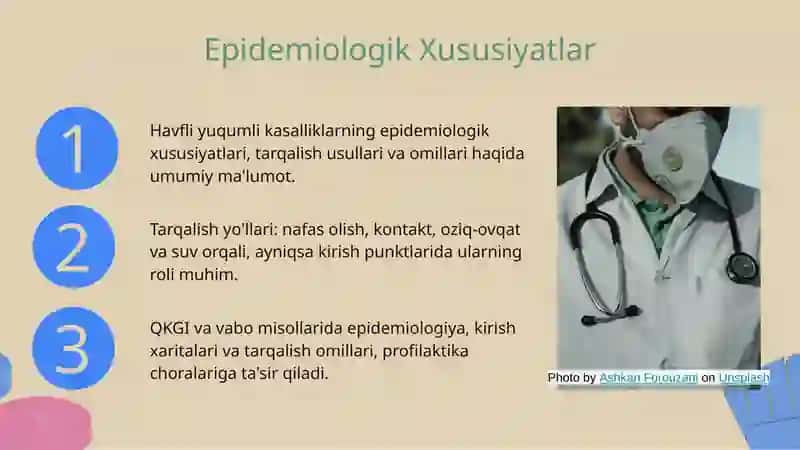 O'zbekiston respublikasi hududlarini karantin va o'ta havfli yuqumli kasalliklarni  chet ellardan olib kiritilishidan sanitariya muxofazalash. O'ta havfli karantin infeksiyalarning epidemiologiya va profilaktikasi ( QKGI, vabo, o'lat, kuydirgi ). Kirish punktlarida sog'liqni saqlash saqlash sohasida faqulodda vaziyatlar rejasi namunasiga kirish va yo'riqnoma 4