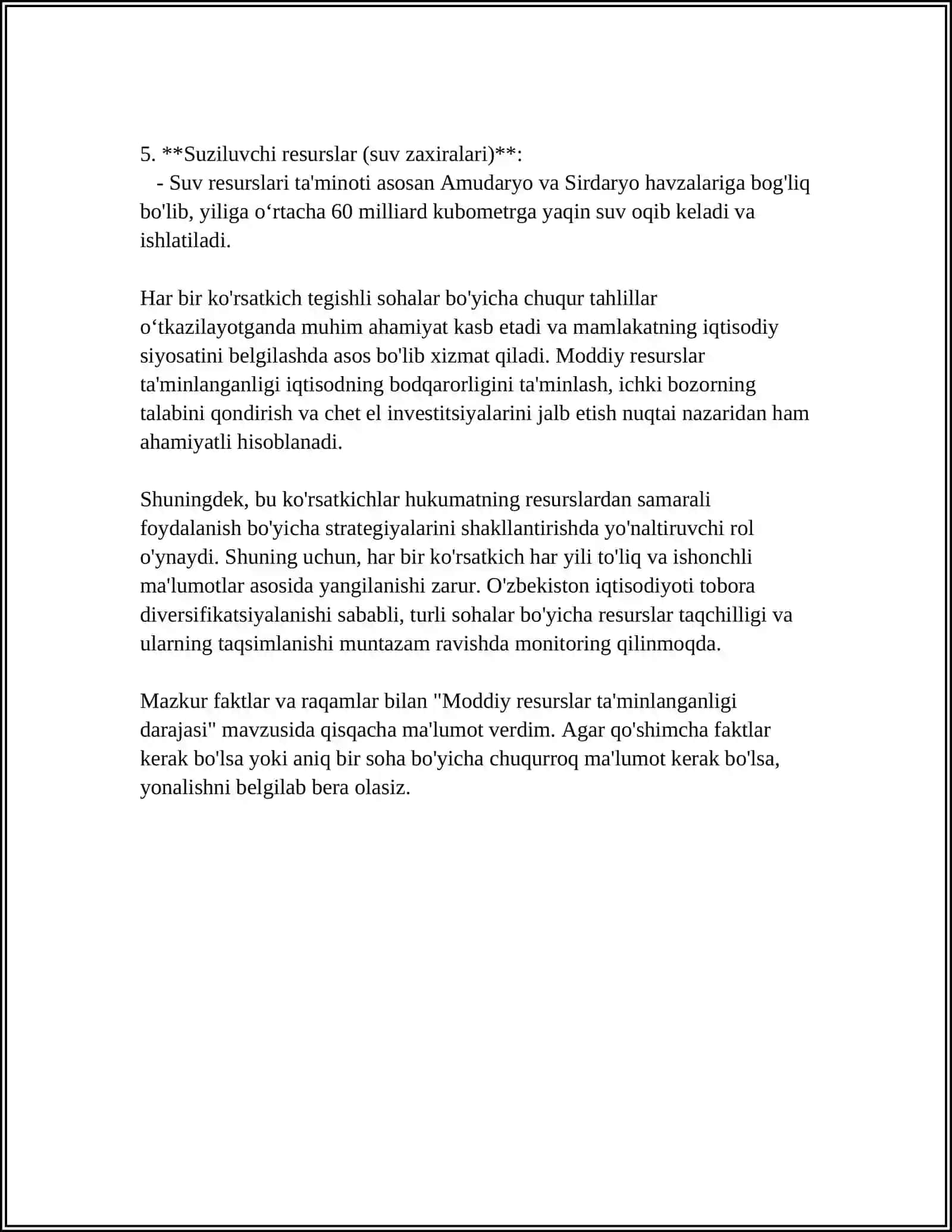 MODDIY RESURSLAR BILAN TAMINLANGANLIK VA ULARDAN FOYDALANISH SAMARADORLIGI KÕRSATKICHLAR TIZIMI 4