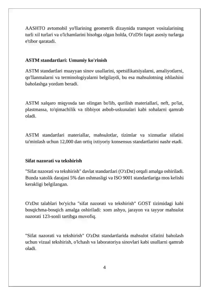 O'zDSt va GOST talablari bilan AASHTO va ASTM standartlarini solishtirish 4
