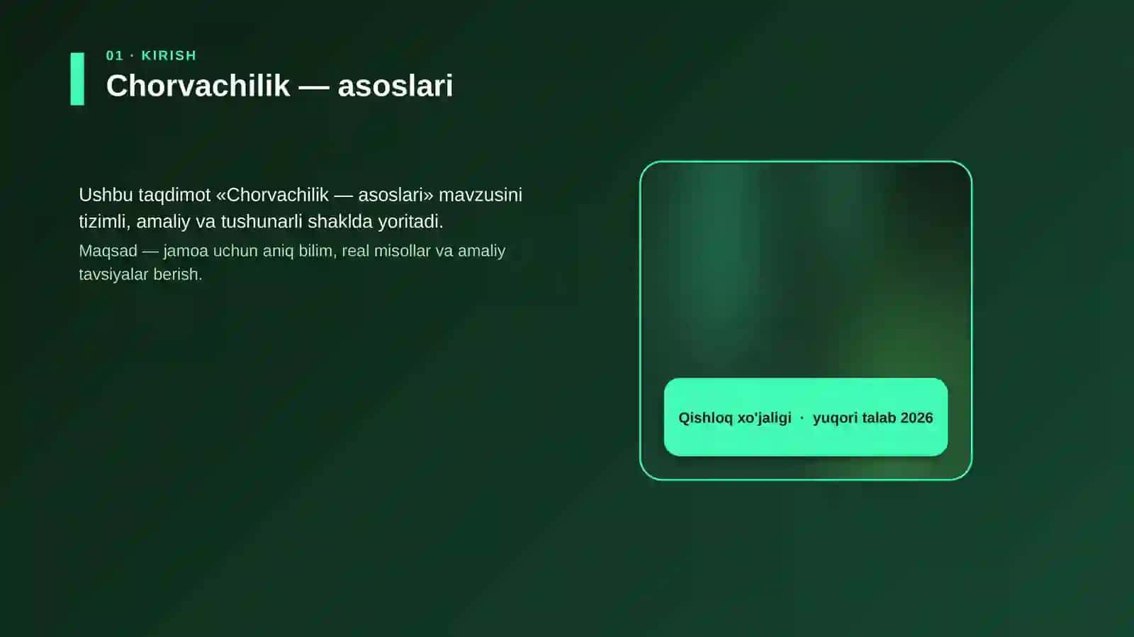 QISHLOQ XO'JALIGI Chorvachilik — asoslari 4
