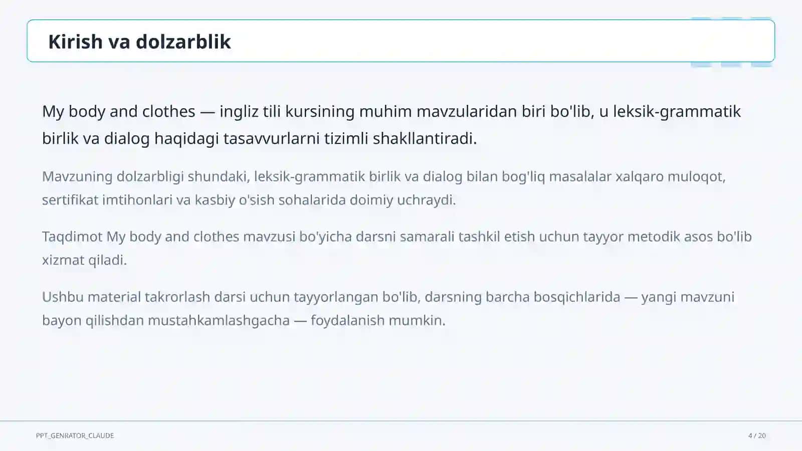 Ta'limiy maqsad: My body and clothes (3-sinf) 4