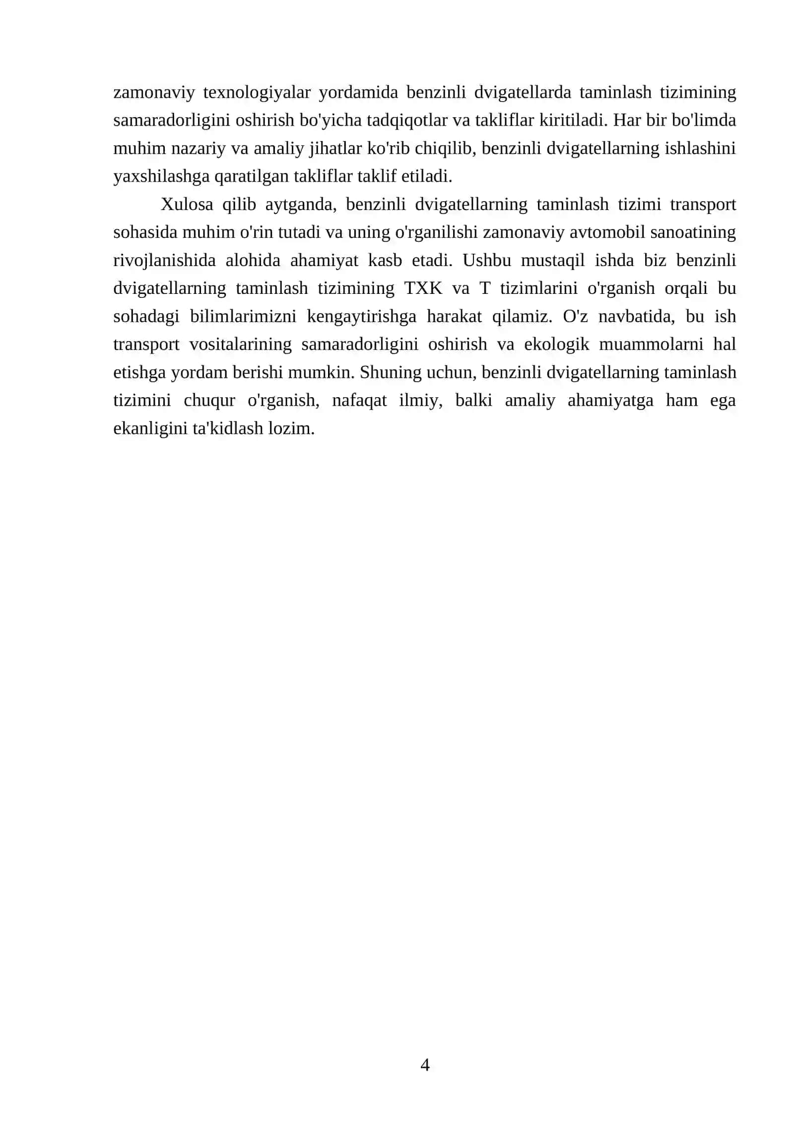 Benzinli dvigatellarning taminlash tizimiga TXK va T 4
