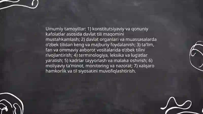Ozbekiston Respublikasi Prezidentining ozbek tilining davlat tili sifatidagi nufuzi va mavqeini tubdan oshirish chora tadbirlari toʻgʻrisidagi farmoni mazmun mohiyati 4