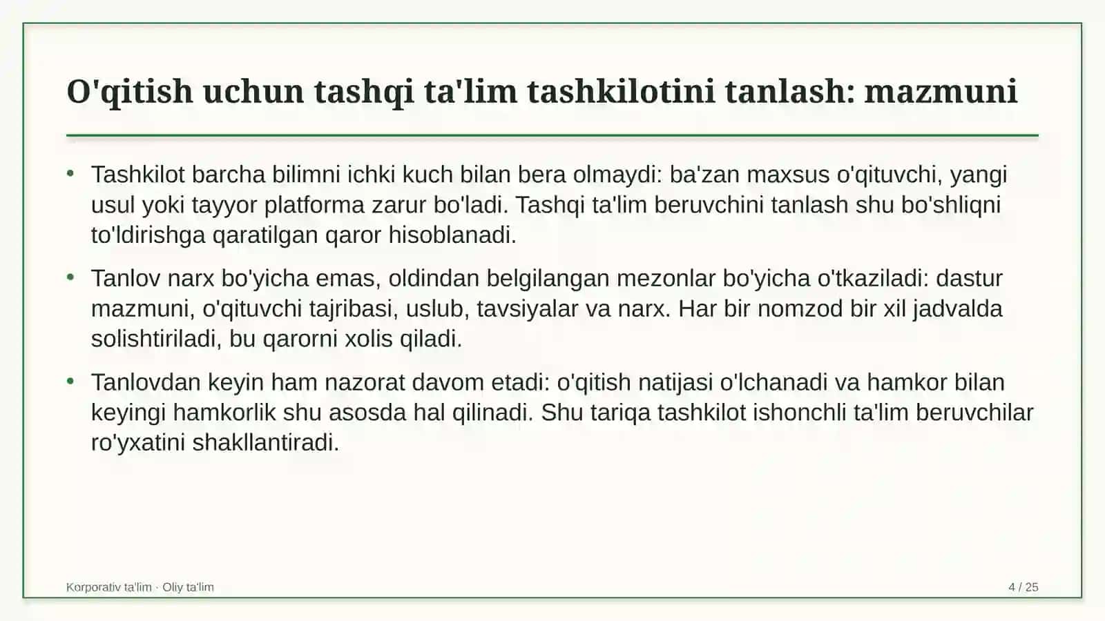 boshqaruv servis kompaniyalarida o'qitish uchun tashqi ta'lim tashkilotlarini tanlash 9074 4