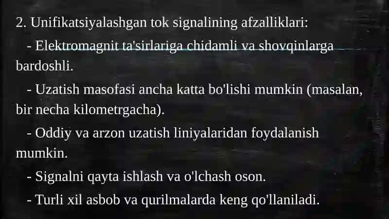 Unifikasiyalashgan tok ko‘rinishidagi chiqish signaliga ega bo‘lgan o‘lchash axborotlarini uzatuvchi elektr tizimning dinamik xususiyatlarini o‘rganish. 4