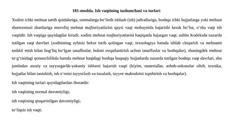 Yangilangan mehnat kodeksi 13-bop: Ish vaqti 4