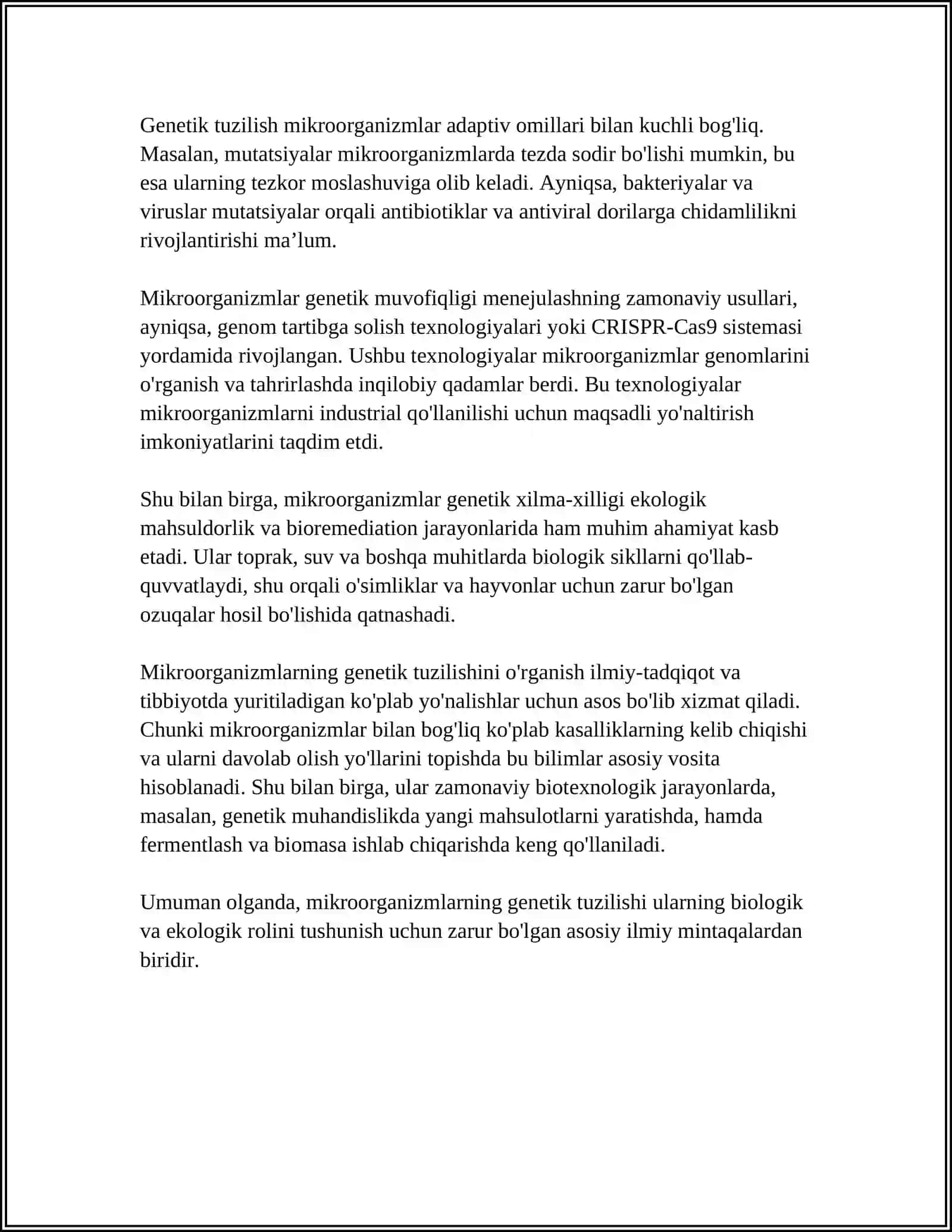 MIKROORGANIZMLAR GENETIKASI. KIMYOTERAPEVTIK MODDALAR VA ANTIBIOTIKLAR. MIKRAORGANIZMLARNING ANTIBIOTIKLARGA SEZGIRLIGI 4
