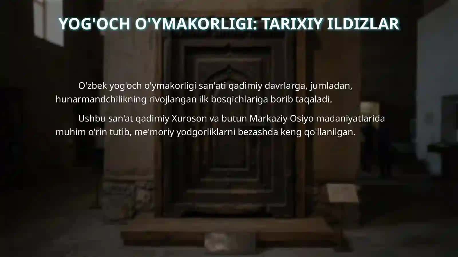 Yog‘och o‘ymakorligi, naqqoshlik va me’morchilik san’ati. Yog‘och o‘ymakorligi san’ati tarixi, uning rivojlanish bosqichlari, hozirgi ahvoli va imkoniyatlari. Yog‘och o‘ymakorligi maktablari va ustalari. Yog‘och o‘ymakorligida naqsh atamalari. Yog‘ochga naqsh solish texnologiyasi. Yog‘och o‘ymakorligida ishlatiladigan asboblari, uskunalar va o‘lchov asboblari. Naqqoshlik san’ati tarixi, uning rivojlanish bosqichlari, hozirgi ahvoli va imkoniyatlari. Naqqoshchilik maktablari va ustalari. Naqqoshl 4