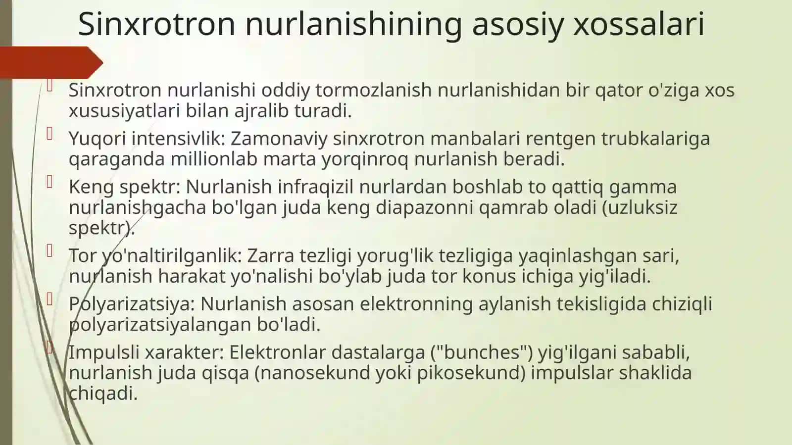 Sinxrotron nurlanishi va uning qo‘llanilishi | Fizika prezentatsiya PPT 4
