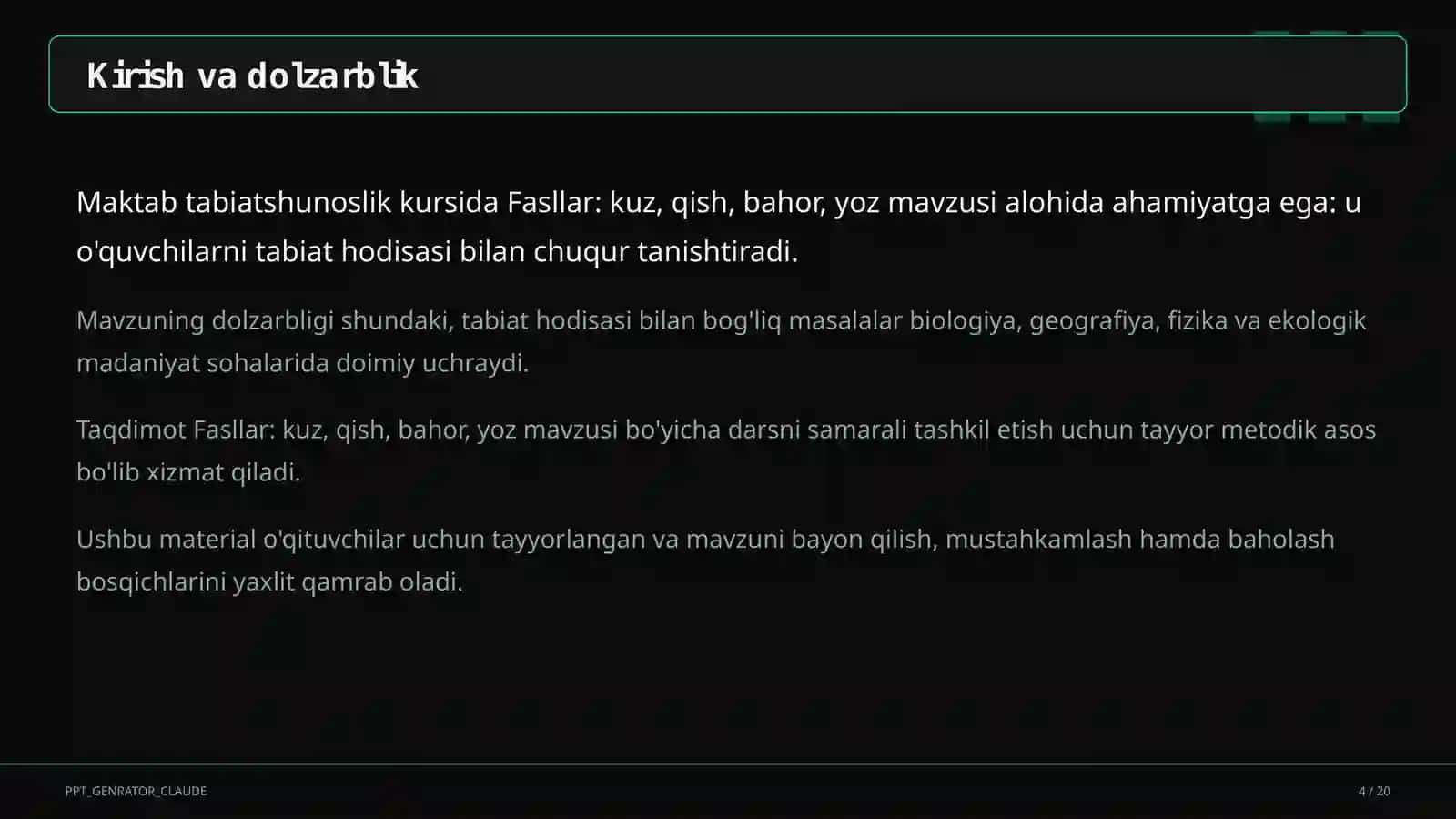 Tabiatshunoslik Dars Rejasi 4