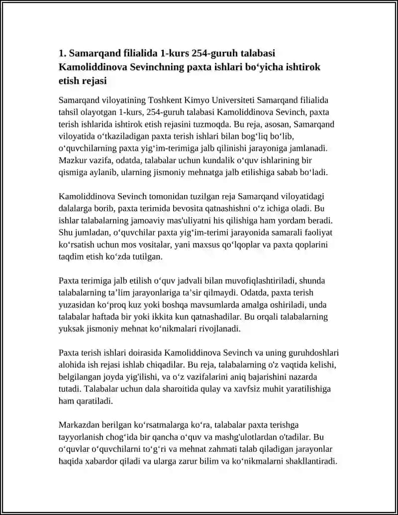 SAMARQAND VILOYATI TOSHKENT KIMYO UNIVERSITETINING SAMARQAND FILIALI BOSHLANĞICH TAʼLIM 1 KURS 254GURUH TALABASI KAMOLIDDINOVA SEVINCH MARKAZ TOMONIDAN PAXTA ISHI OʻZBEK ISHI KABI MASHUM KOMPANIYALARNING OʻTKAZILISHI 4