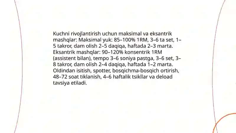 Umumiy jismoniy tayyorgarlik. Jismoniy sifatlarni rivojlantirish. Kuch,chidamlilik,tezkorlik,chaqqonlik,epchillik sifatlari boʻyicha 4