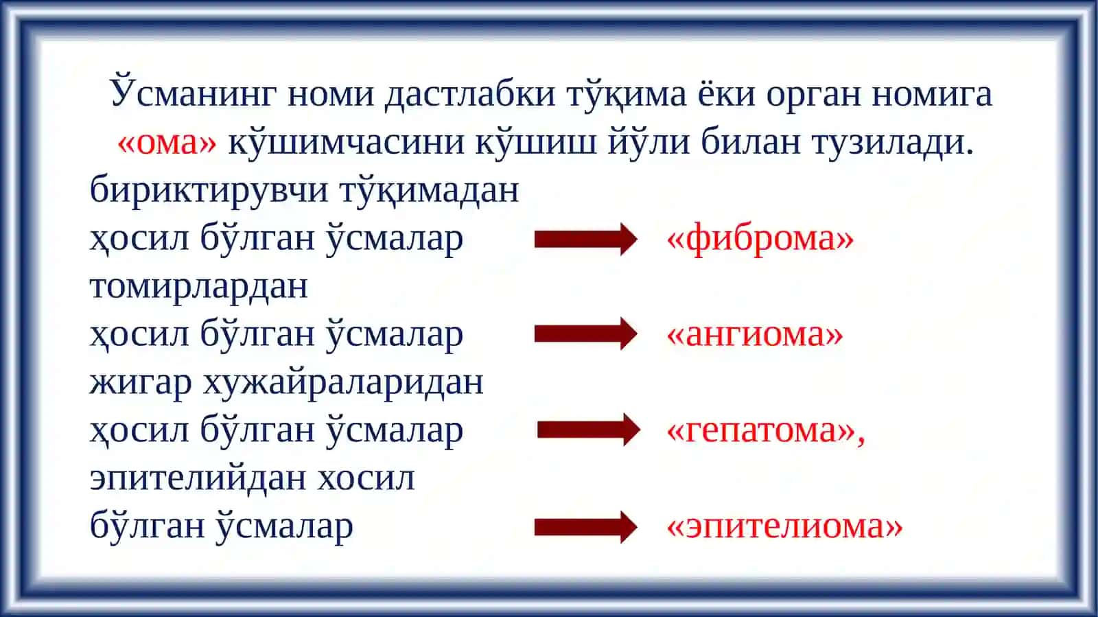 НЕОПЛАЗИЯ. ТАРИФЛАРИ. НОМЕНКЛАТУРА. ЎСМАЛАР ЎСИШ БИОЛОГИЯСИ 4