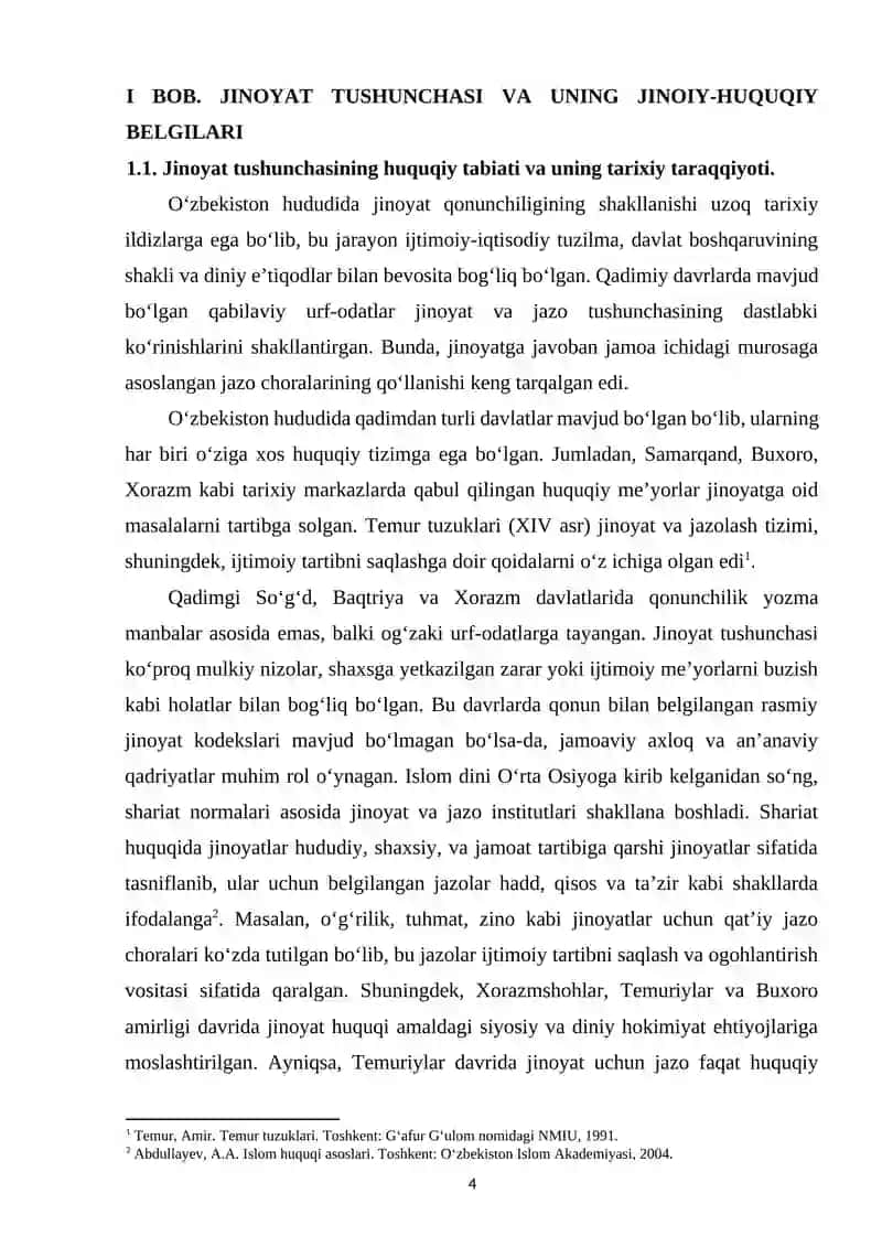 O'ZBEKISTON JINOYAT QONUNCHILIGIGA KO'RA JINOYAT TUSHUNCHASI VA UNING TASNIFI 4