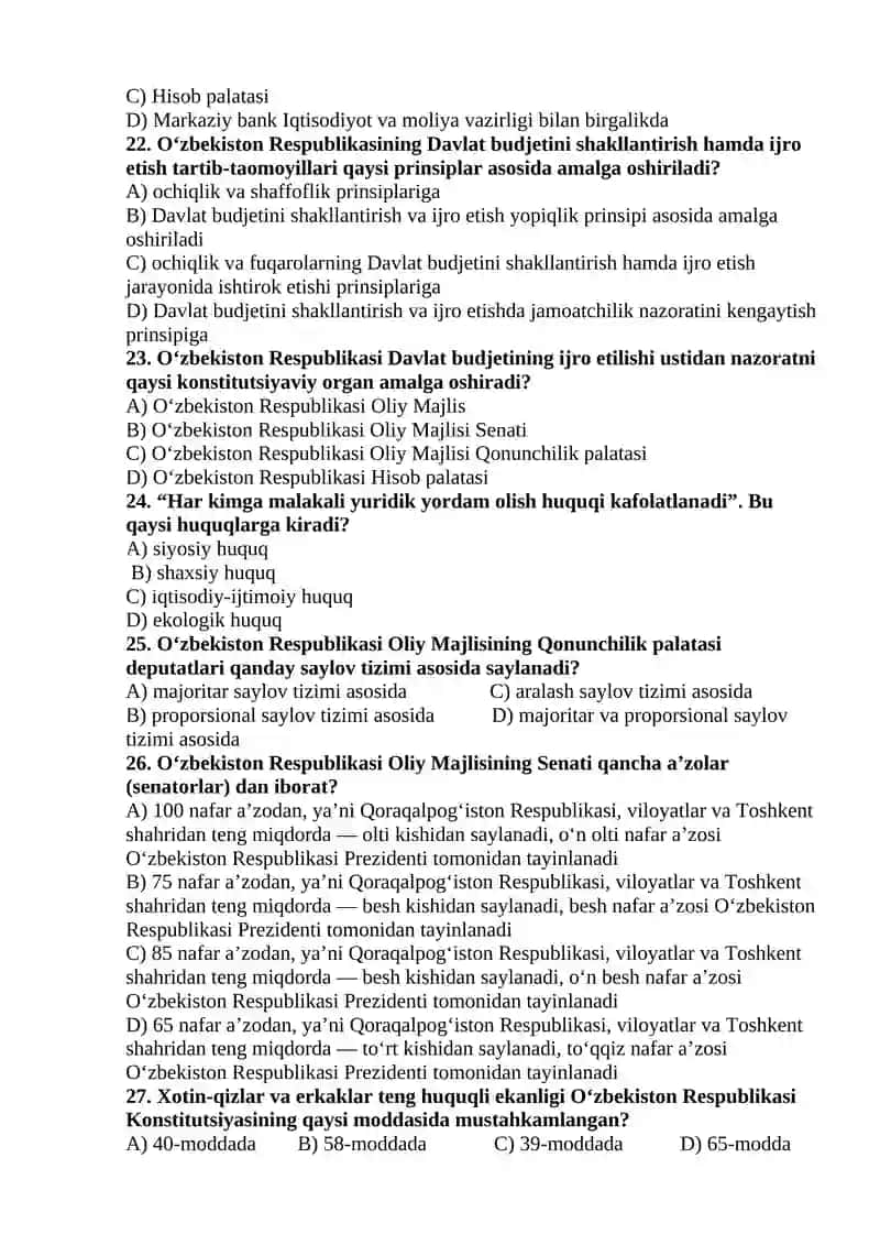 Yangi tahrirdagi O‘zbekiston Respublikasi Konstitutsiyasi fanidan yakuniy nazorat savollari 4