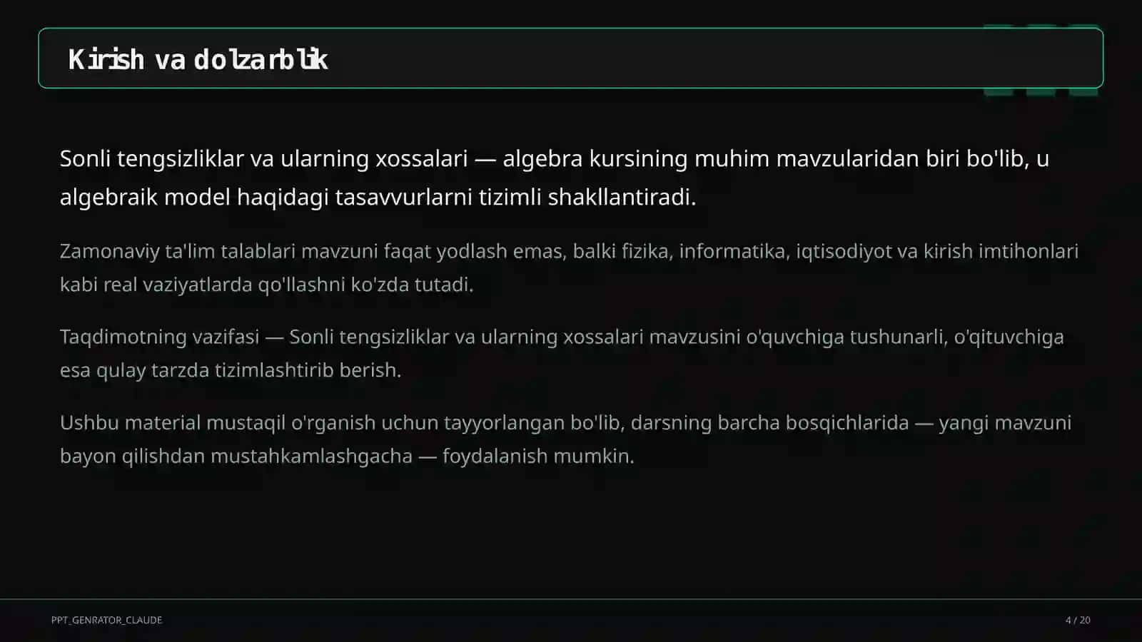 Sonli tengsizliklar va ularning xossalari (8-sinf) 4