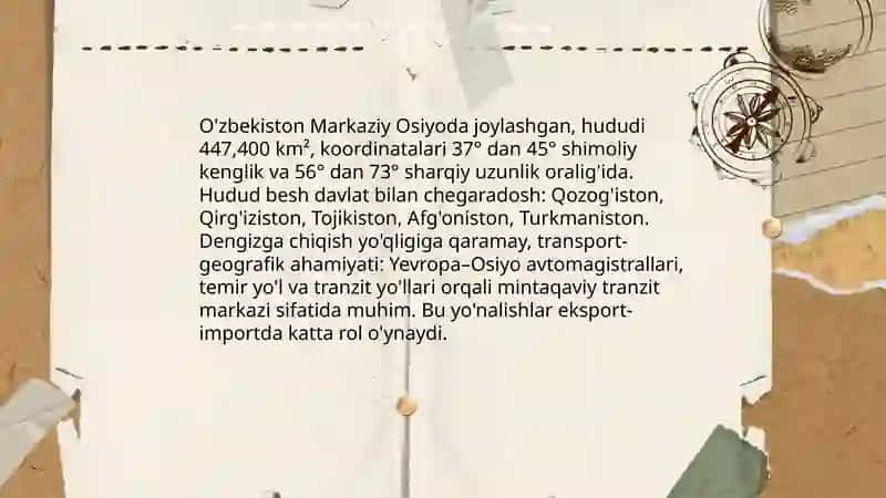 Oʻzbekistonning geografik órni.Tabiiy sharoitlari va mineral resurslari Qahramonova Yulduz 4