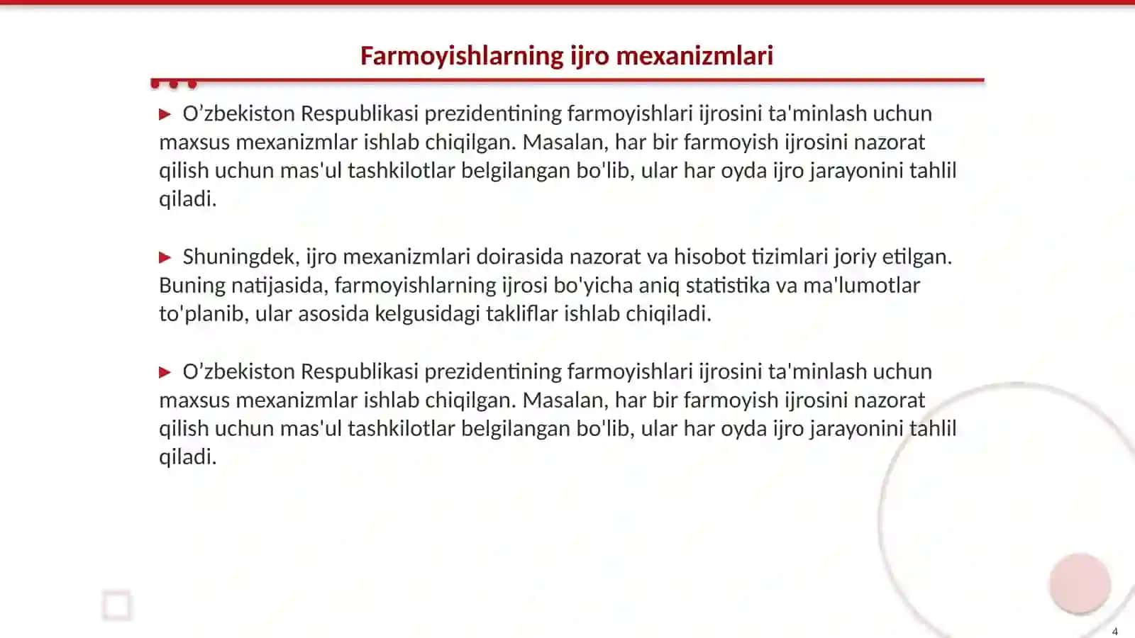 O’zbekiston Respublikasi prezidentining retsepturaga asoslangan qonun va farmoyishlari 4