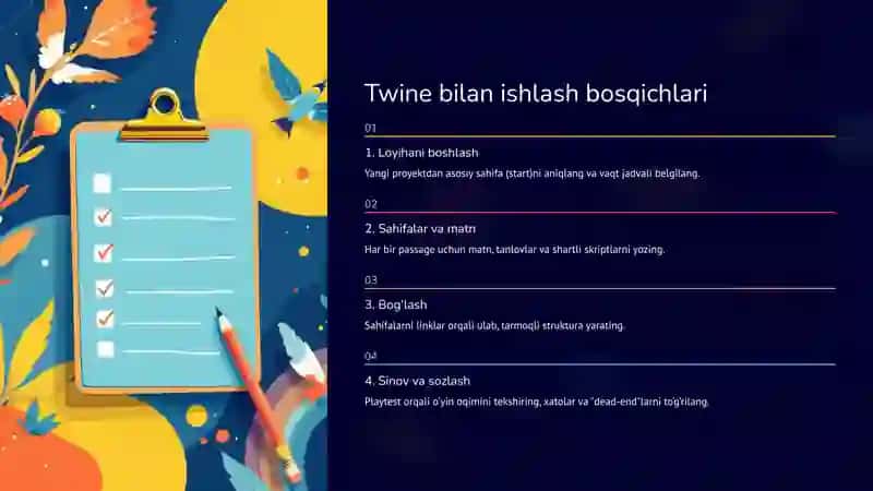 Interaktiv ssenariy yaratish: Twine bilan tarmoqli hikoyalar 4