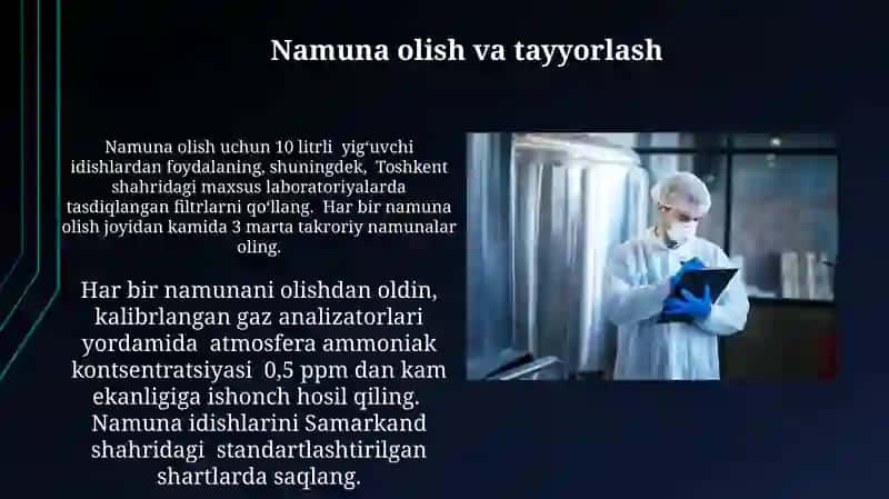 Ish joyidagi havodagi ammiak ifloslanishini laboratoriya tekshiruvi usullari 4