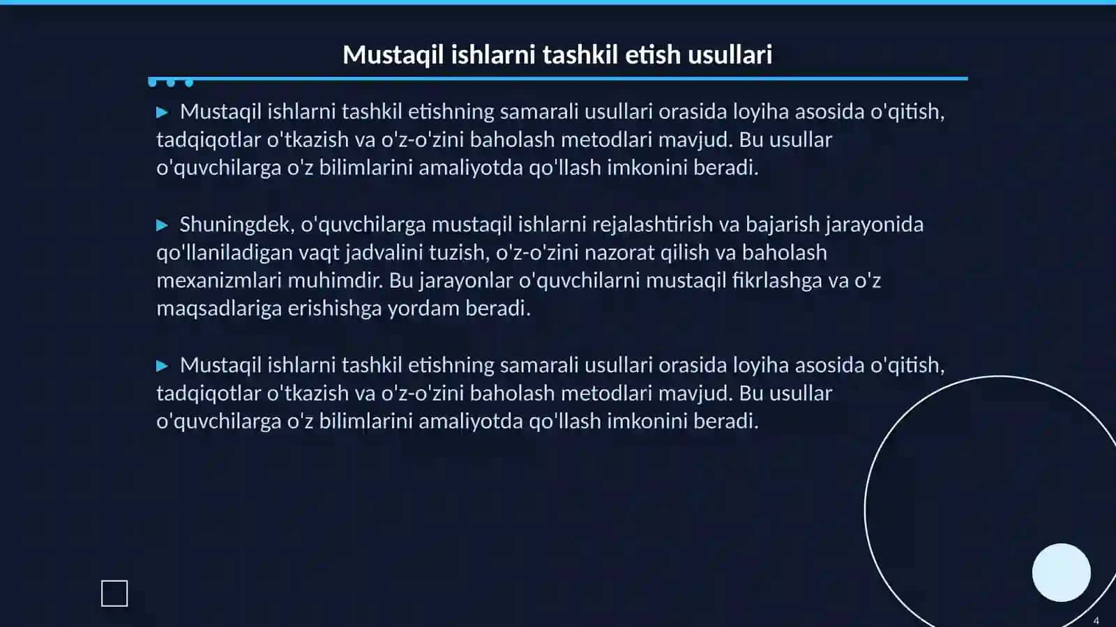 Oʻquvchilarning mustaqil ishlarini tashkil etish 4
