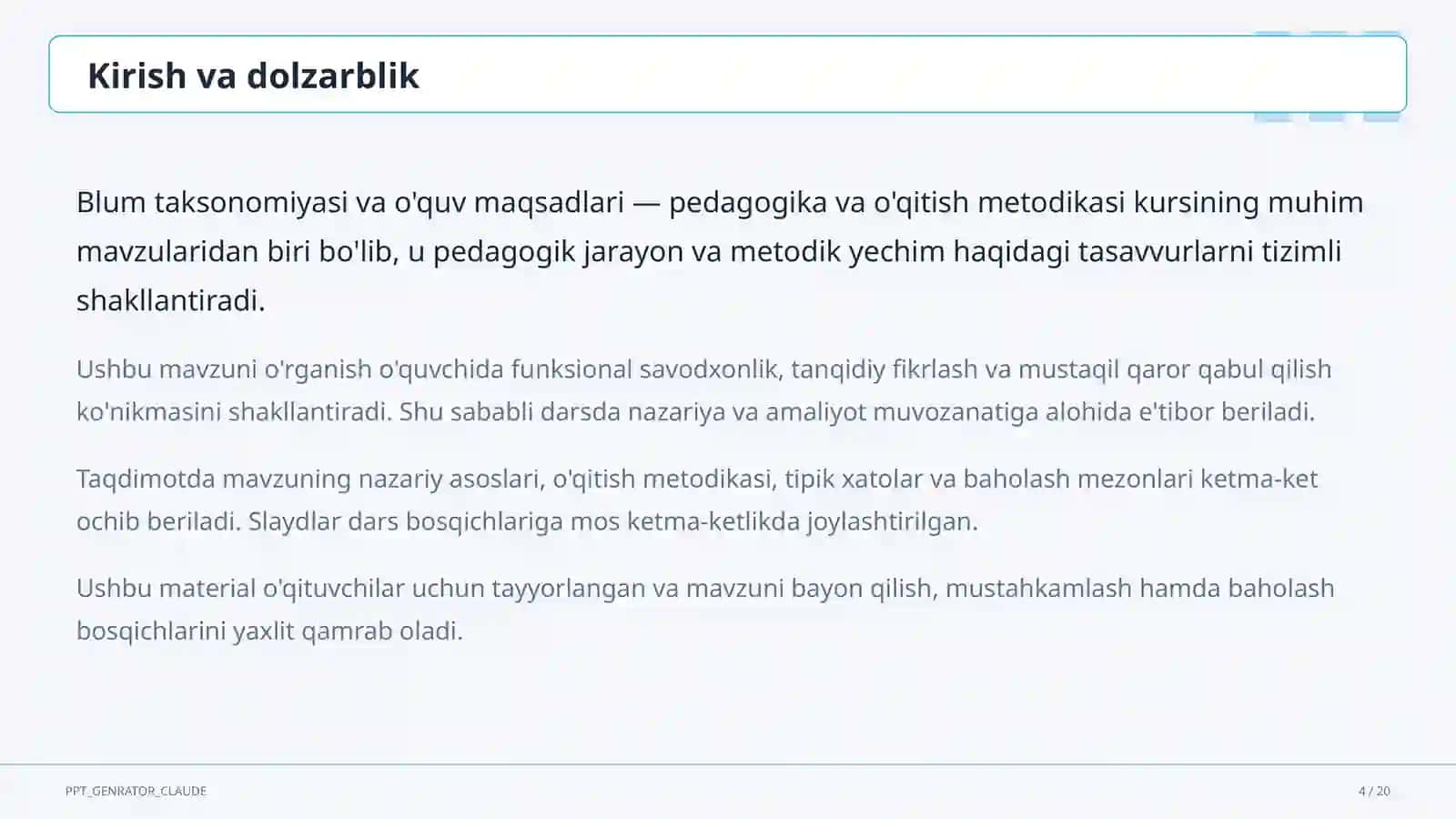 Blum taksonomiyasi va o'quv maqsadlari 4