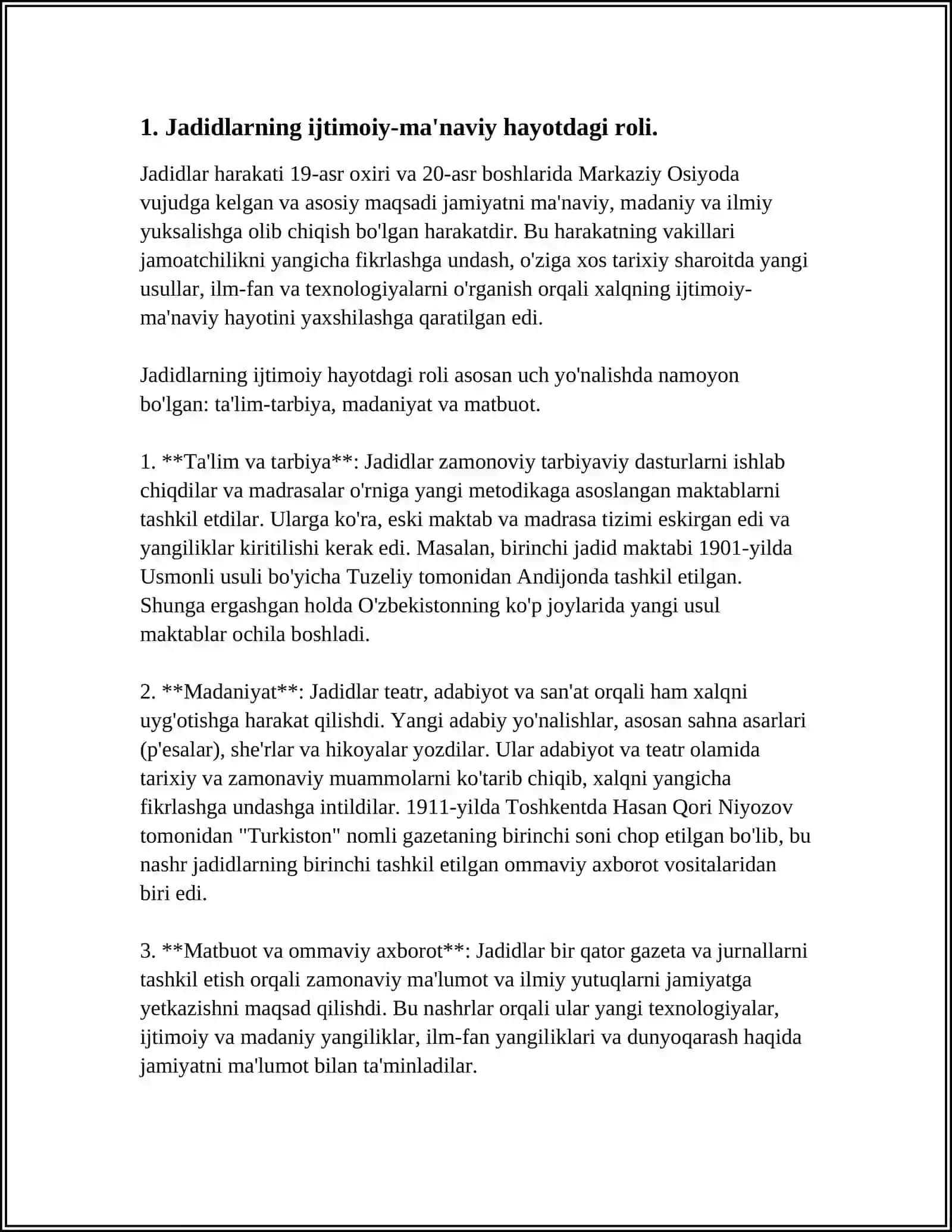 JADID MA'RIFATPARVARLARINING O'LKA IJTIMOIY-MA'NAVIY HAYOTIDA TUTGAN O'RNI (MUNAVVAR QORI, FITRAT, BEHBUDIY, AVLONIY VA BOSHQ.) MAVZUGA OID MANBALARNI TAHILL QILISH VA PREZENTASIYA TAYYORLASH 4