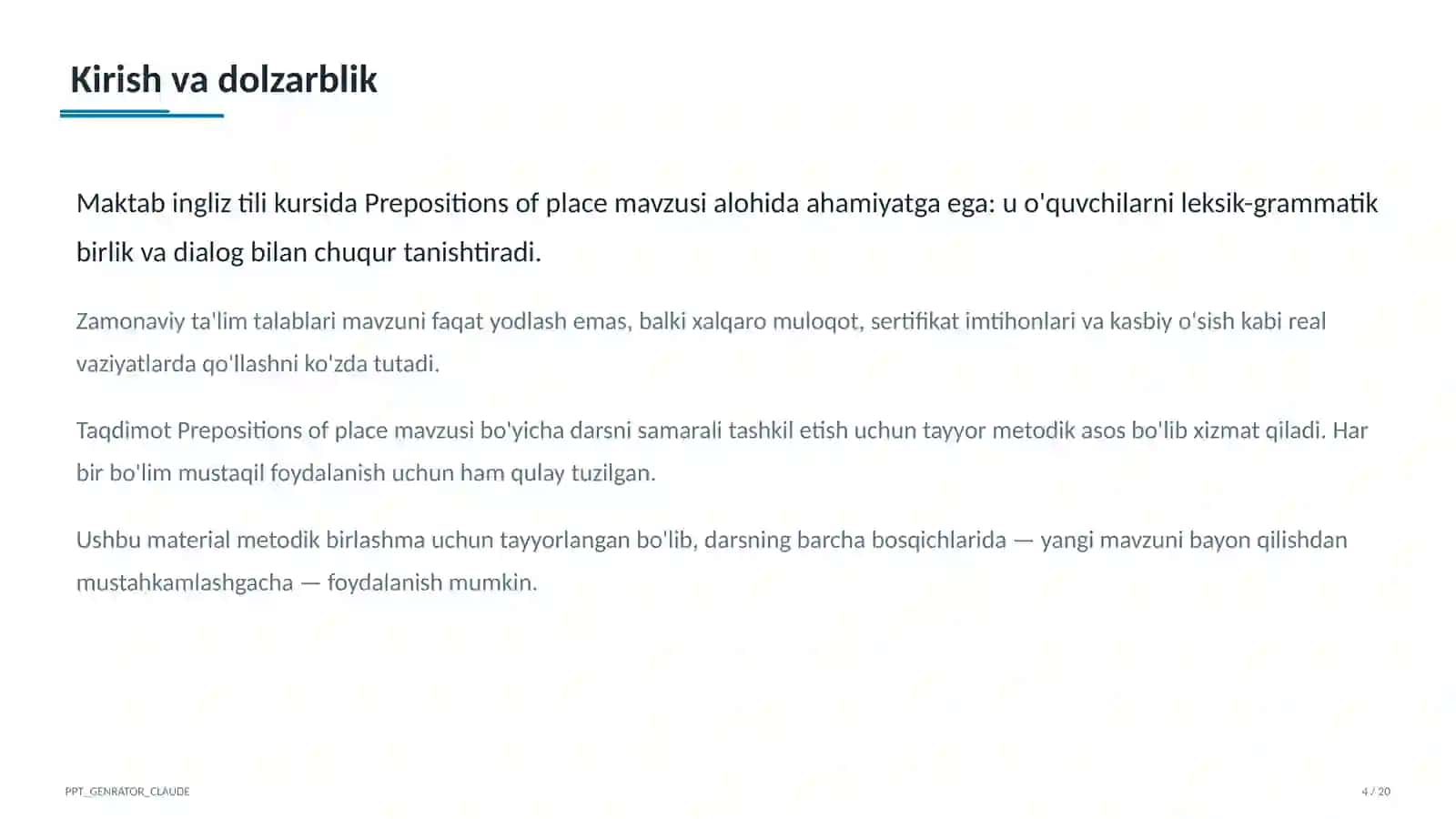 Prepositions of place (4-sinf) 4