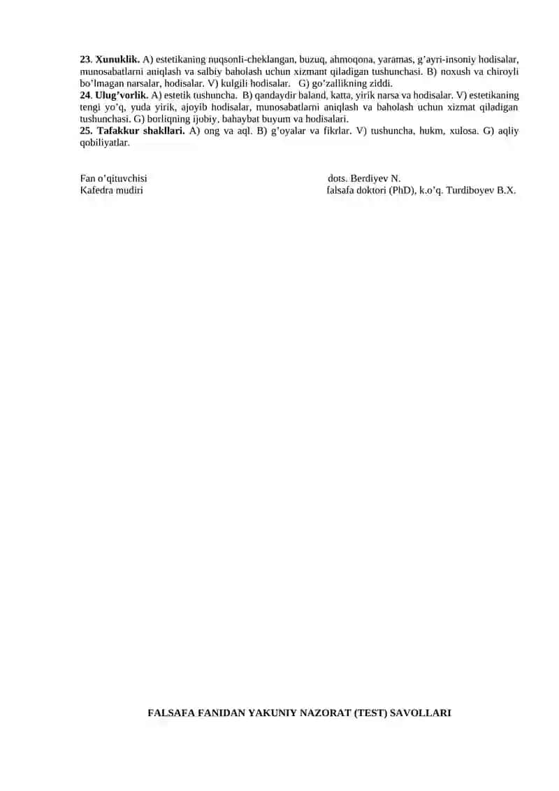 FALSAFA FANIDAN YAKUNIY NAZORAT (TEST) SAVOLLARI 4