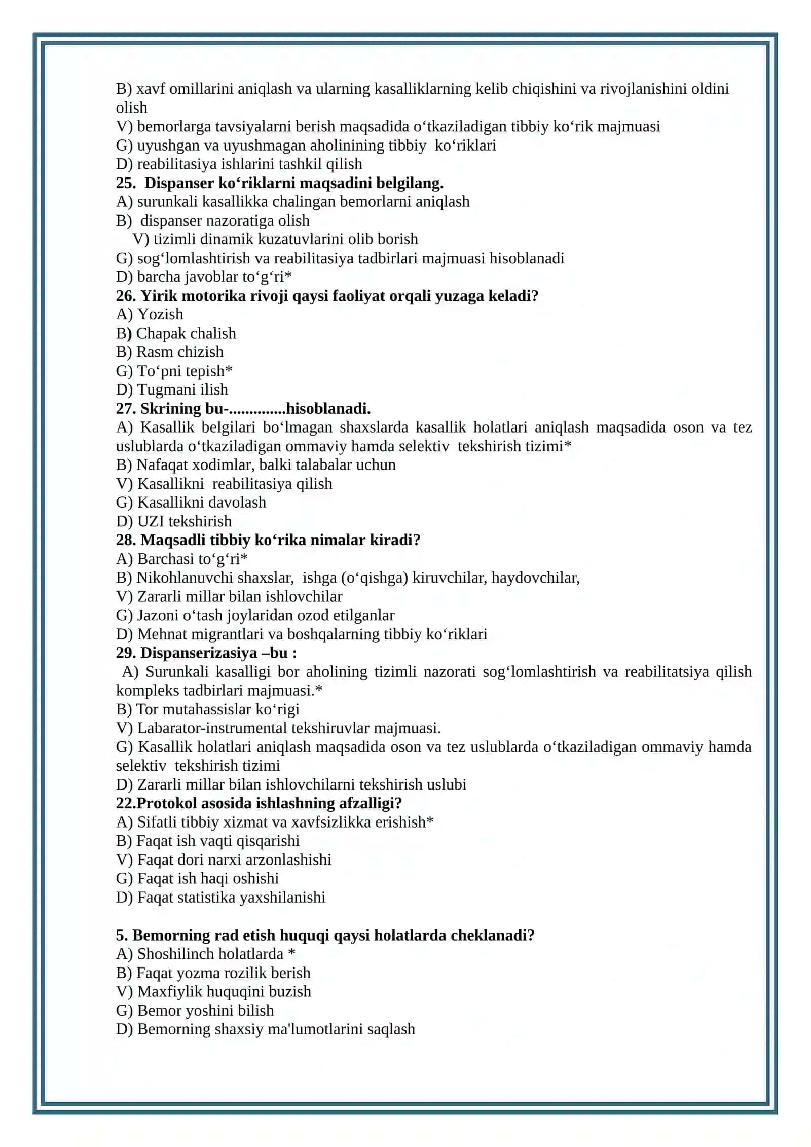Oila salomatligi testlar to’plami(2026) 4