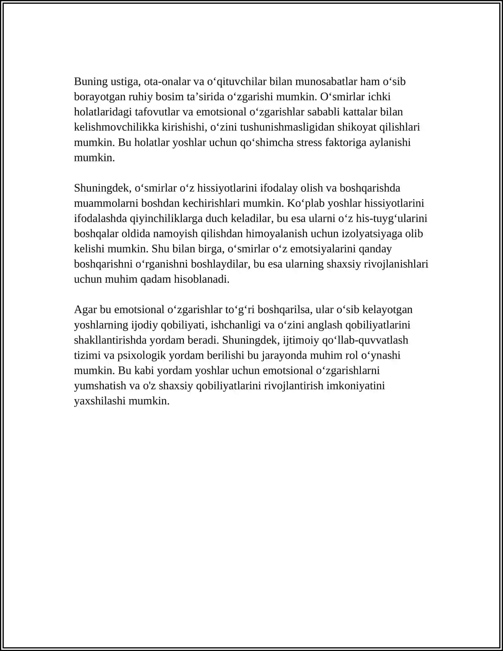 OʻSMIRLIK DAVRINING ASOSIY PSIXIK XUSUSIYATLARI 4