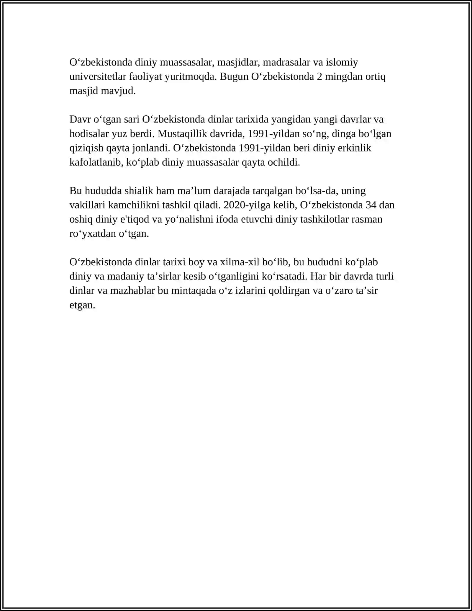 MUSTAQIL ISH Mavzu: O‘ZBEKISTONDA DINIY MUNOSABATLAR 4