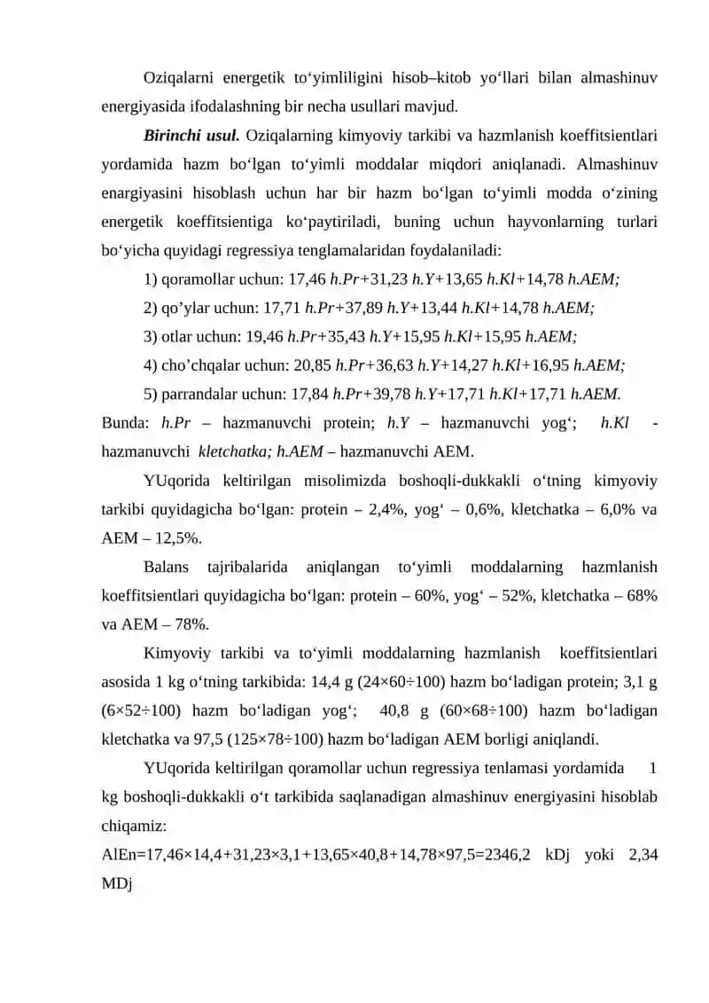 Oziqalarning to‘yimliligini almashinuv energiyasi bo‘yicha aniqlash 4
