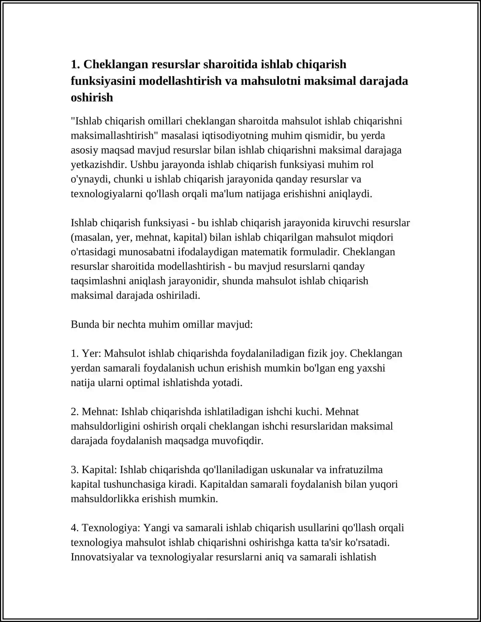ISHLAB CHIQARISH OMILLARI CHEKLANGAN SHAROITDA MAHSULOT ISHLAB CHIQARISHNI MAKSIMALLASHTIRISH MASALASI 4