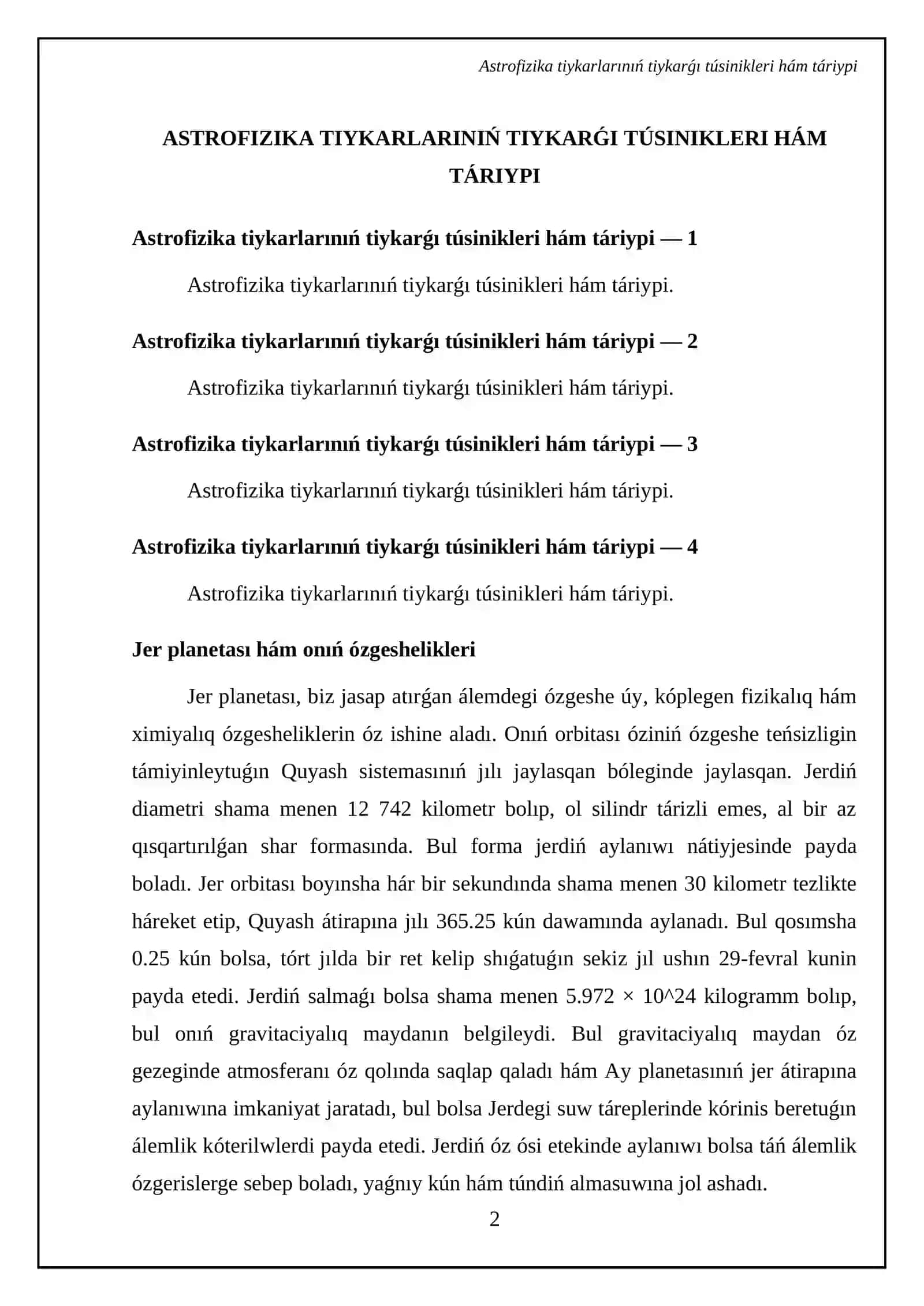 Astrofizika tiykarları" tekstin talqılaw 4