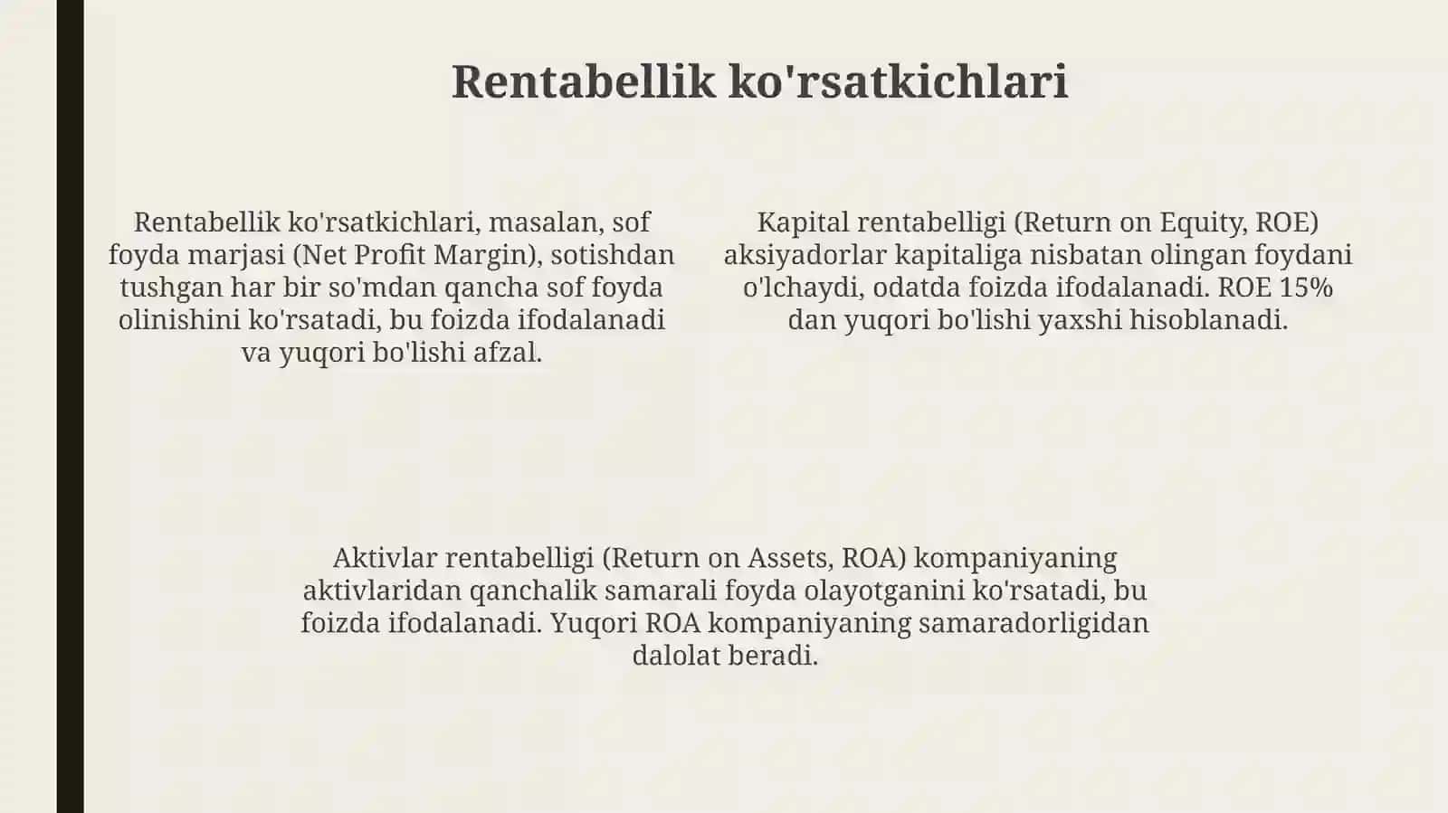 Investitsiya foydasi va aktivlardan foydalanish tahlili 4