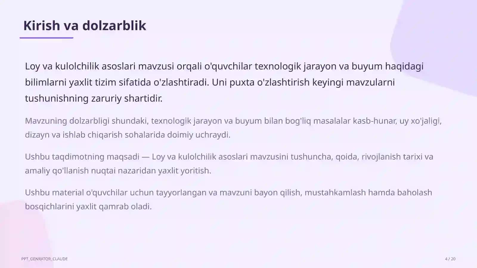 Loy va kulolchilik asoslari (4-sinf) 4