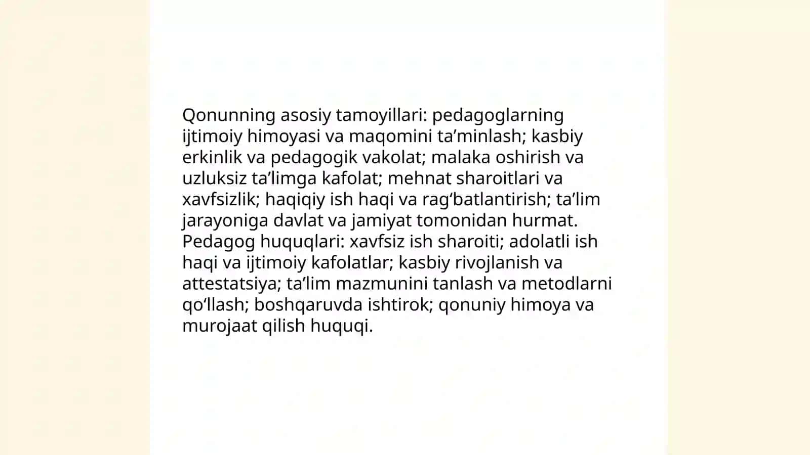 O‘zbekiston Respublikasining ta’lim sohasidagi qonun hujjatlarini (“Ta’lim to‘g‘risida”gi va “Pedagogning maqomi to‘g‘risida”) 4