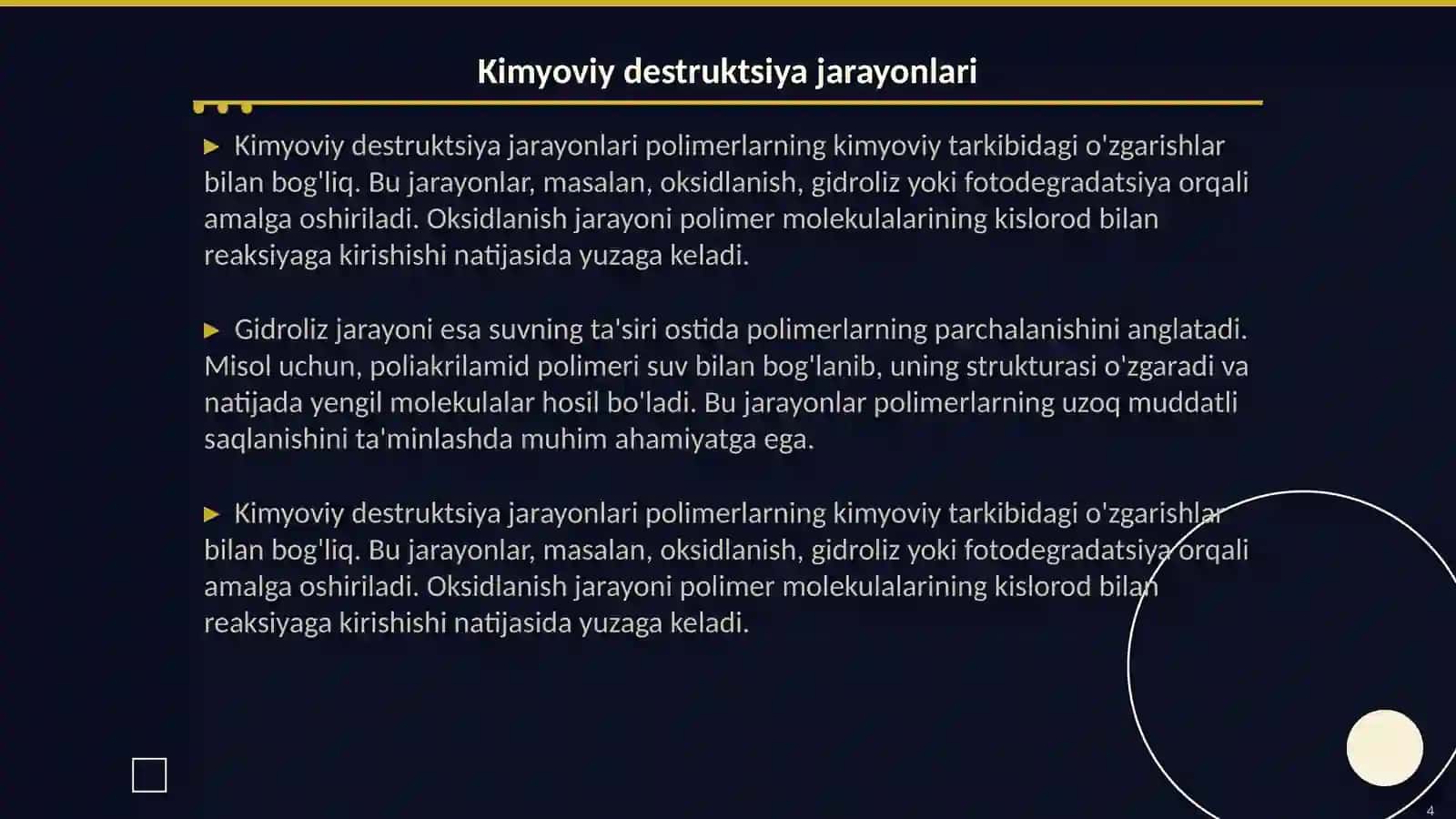 Polimer moddalarining destruktsiyasi: kimyoviy destruktsiyasi,termik destruktsiyasi 4