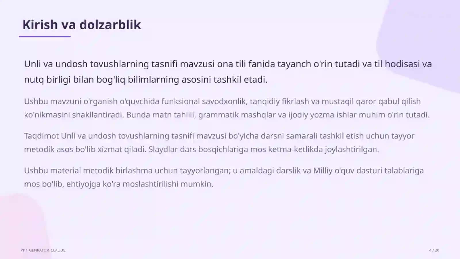 Unli va undosh tovushlarning tasnifi (5-sinf) 4