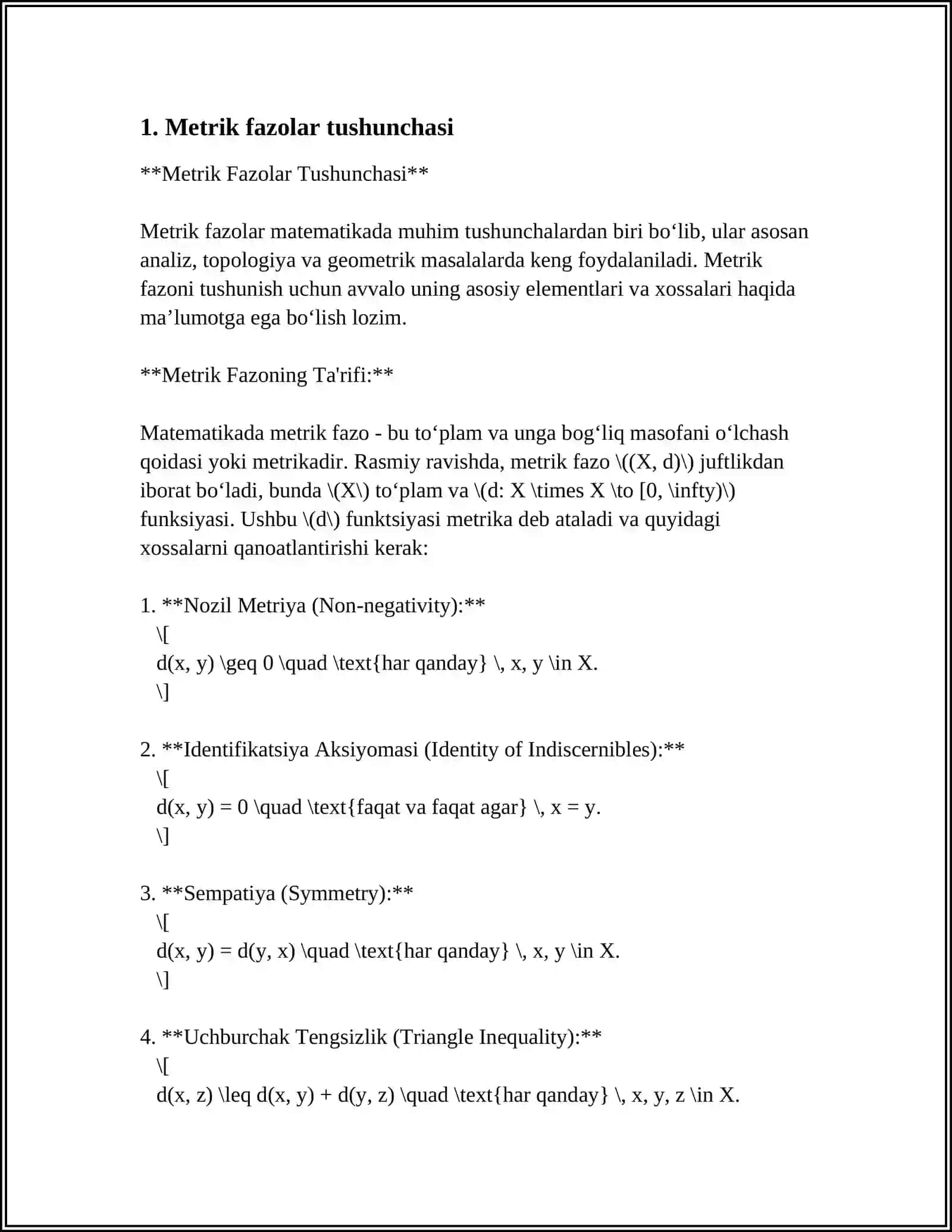 “METRIK FAZODA KETMA-KETLIKLAR VA ULARNING LIMITI”, “KARRALI QATORLAR VA ULARNING YAQINLASHISHI TUSHUNCHASI” MAVZULARINI O„RGANIB REFERAT TAYYORLANG VA JOYLANG 4