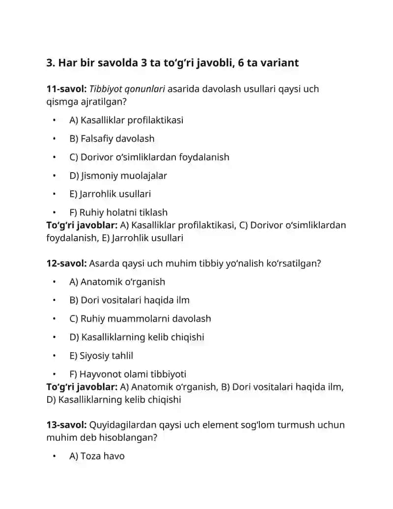 "Ibn Sinoning Tibbiyot qonunlari asari" test savollari 4