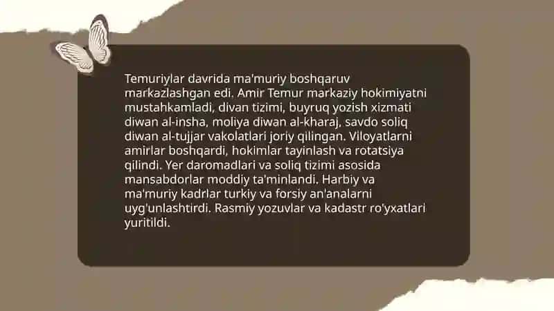 Amir Temur davri davlatchiligi o' rta Osiyoning xonliklar bo'linib ketishi, uning sabab va oqibatlari 4