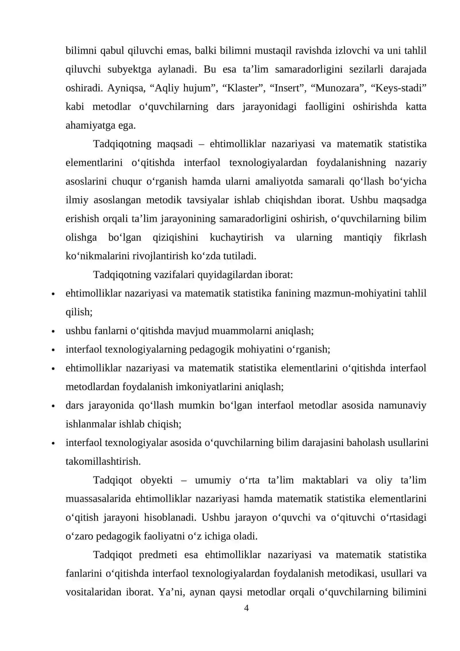 Ehtimolliklar nazariyasi va matematik statistika elementlari  modulini oʻqitishda interfaol texnologiyalardan foydalanish 4