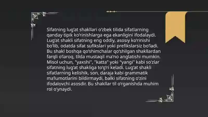 Sifat va uning grammatik kategoriyalari. Lug'at shakli. Negiz. Moslashgan aniqlovchi ishtirokida anatomik terminlar. 4