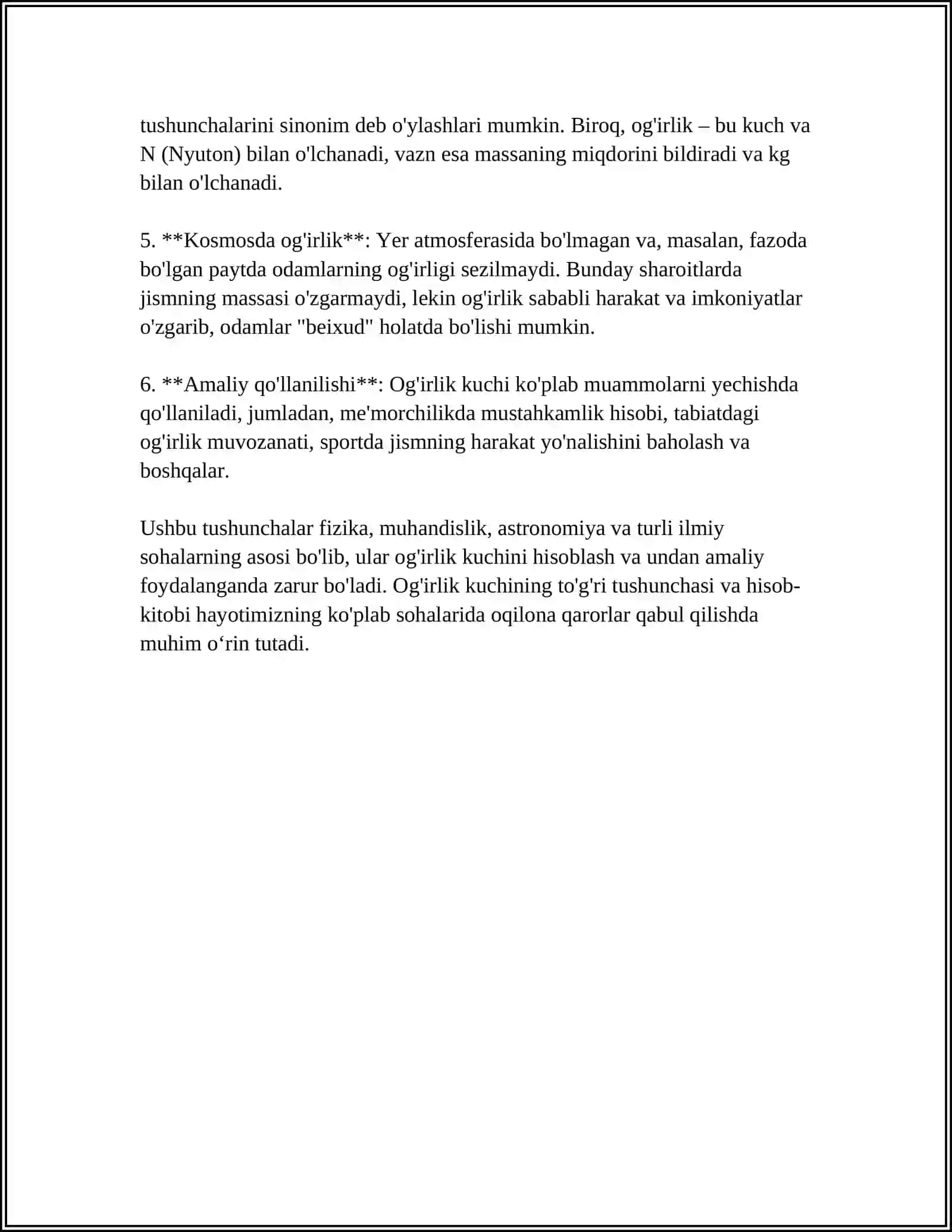 OG'IRLIK KUCHI VA OG'IRLIK. VAZINSIZLIK HOLATI 4
