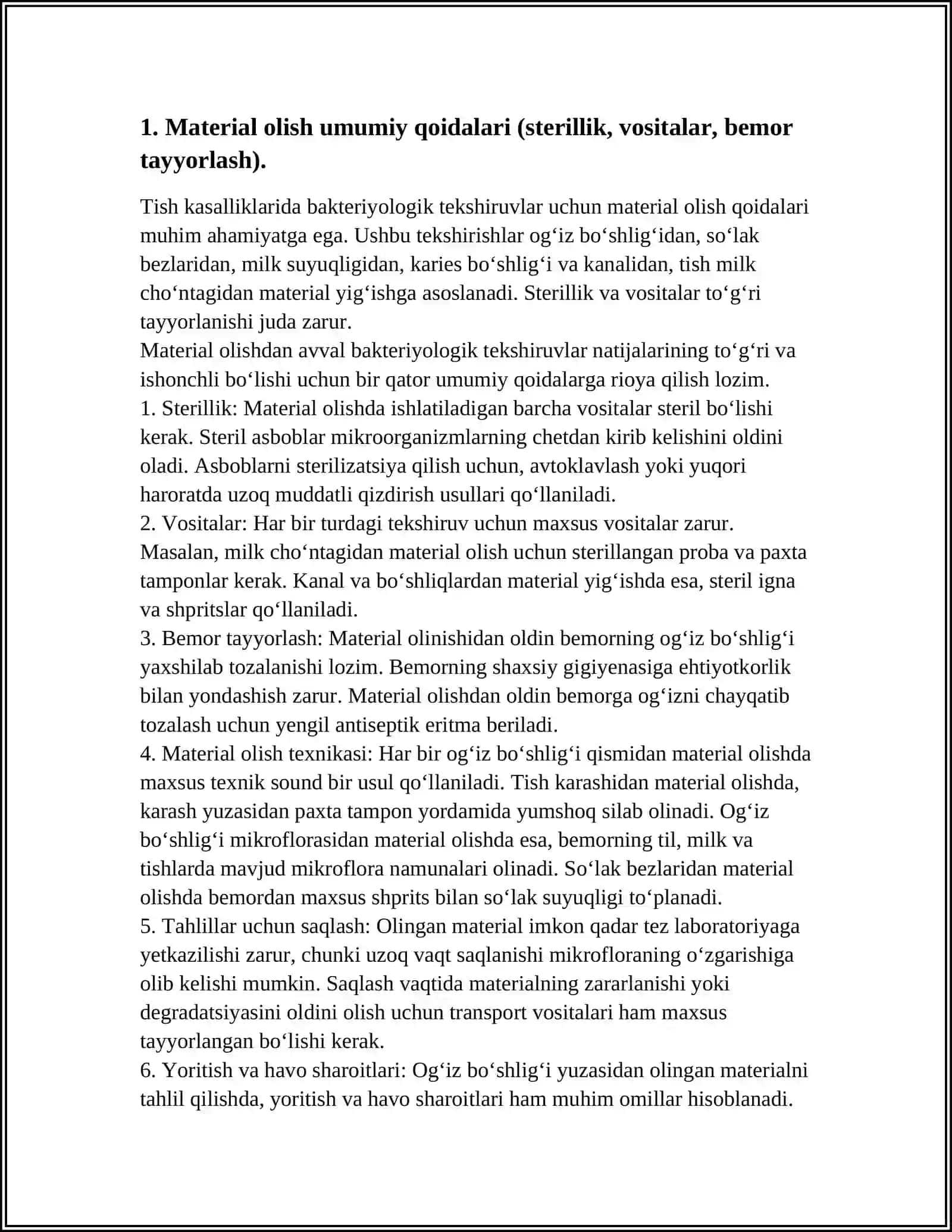 STOMATOLOGIK KASALLIKLARDA (TISH KARASHIDAN, OG‘IZ BO‘SHLIG‘IDAN, SO’LAK BEZLARIDAN, MILK SUYUQLIGI, KARIES BO‘SHLIG‘I VA KANALIDAN, TISH MILK CHO‘NTAGIDAN) BAKTERIOLOGIK TEKSHIRUVLAR UCHUN MATERIAL OLISH QOIDALARI 4