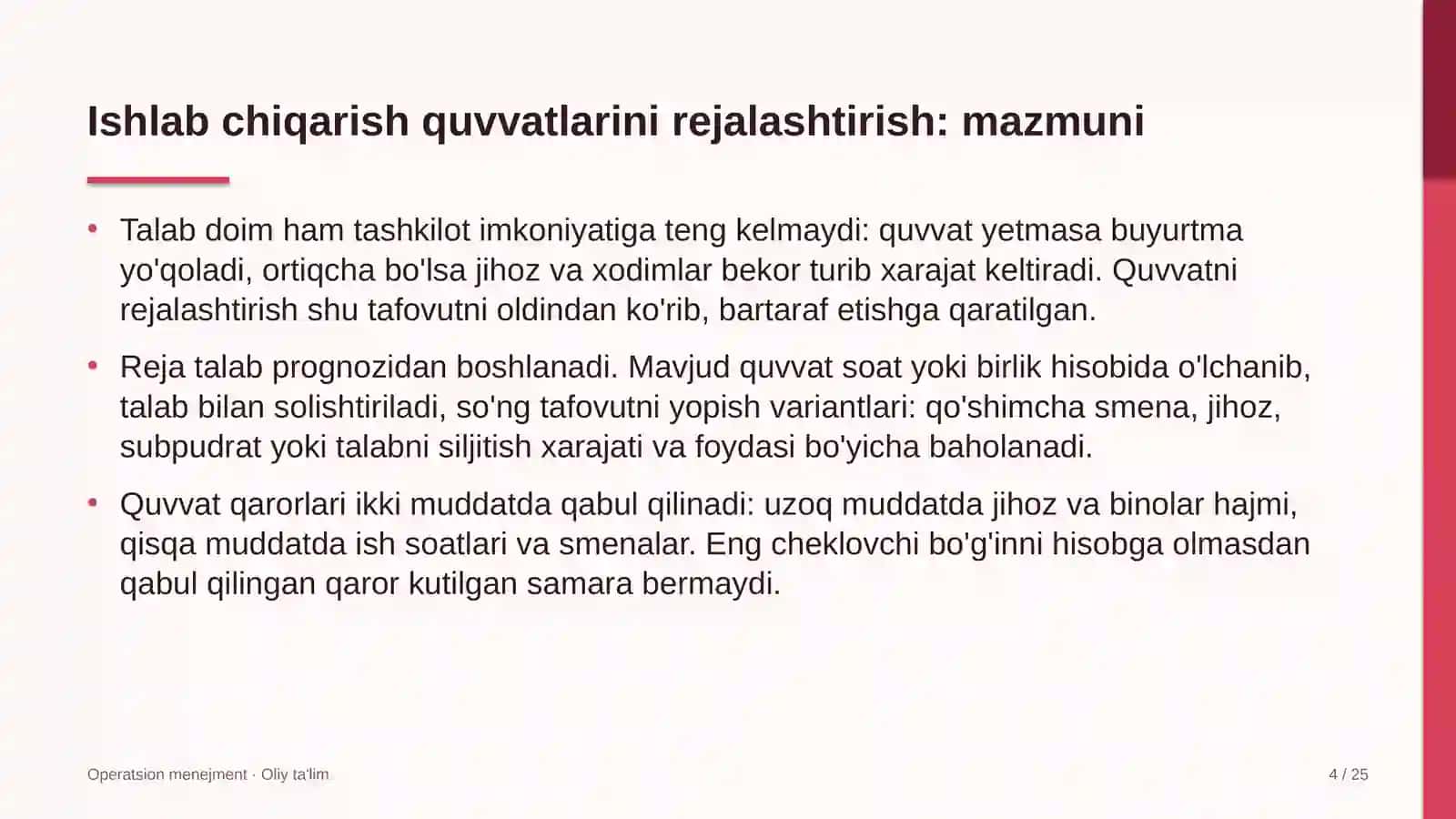 Elchixonalarda ishlab chiqarish quvvatlarini rejalashtirish 4