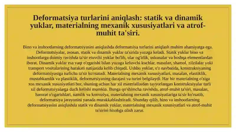 Bino va konstruktsiyalarni tashxislash turlari. Bino va inshootlarning deformatsiyasini aniqlash. Ayrim konstruktsiyalarning deformatsiyasini baholash 4
